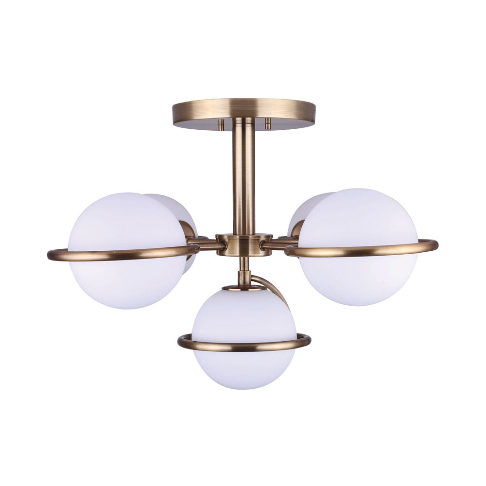 straight on photo of a semi flush, five light, gold finish with five flat opal globes in a mid century style