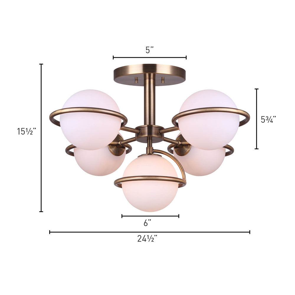 photo angel view looking up at a semi flush, five light, gold finish with five flat opal globes in a mid century style, showing dimensions 15 1/2 inches high, by 24 1/2 inches wide, globe measuring 6 inches wide, 5 3/4 inch high, canopy is 5 inches wide