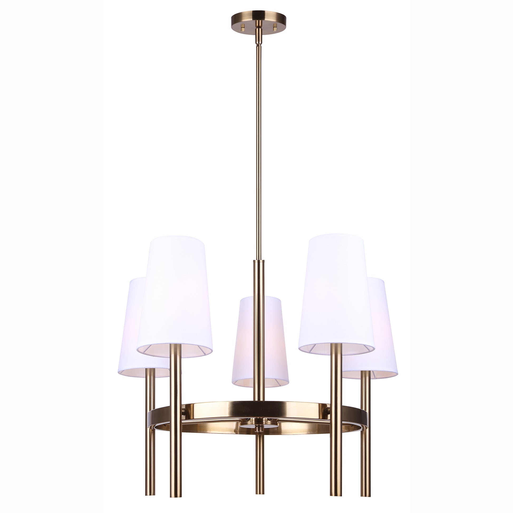 photo of 5 light chandelier in gold finish with white shades