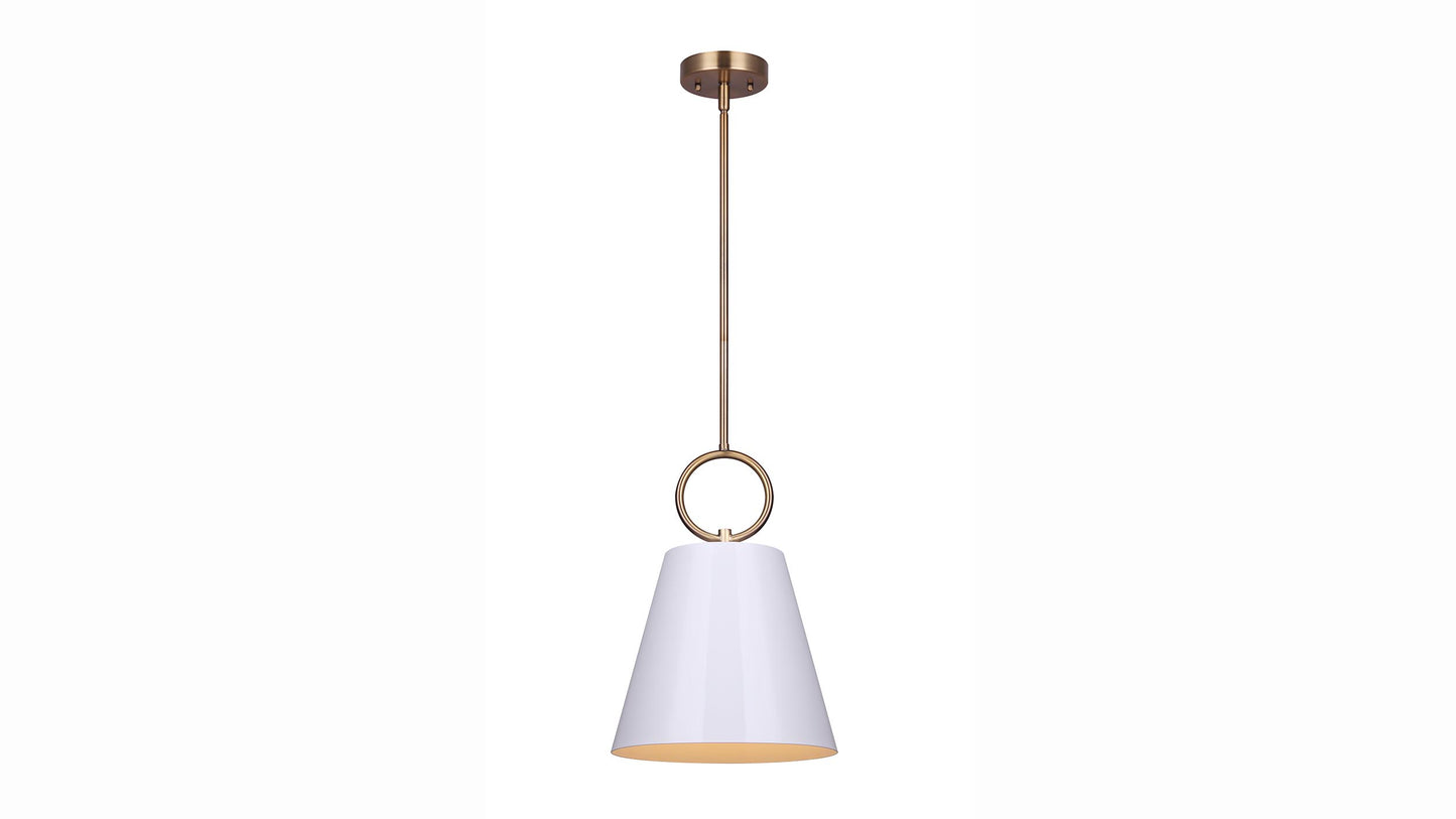 photo of 1 light pendant with white shade and gold interior shade, gold rod with a circle detail above the shade