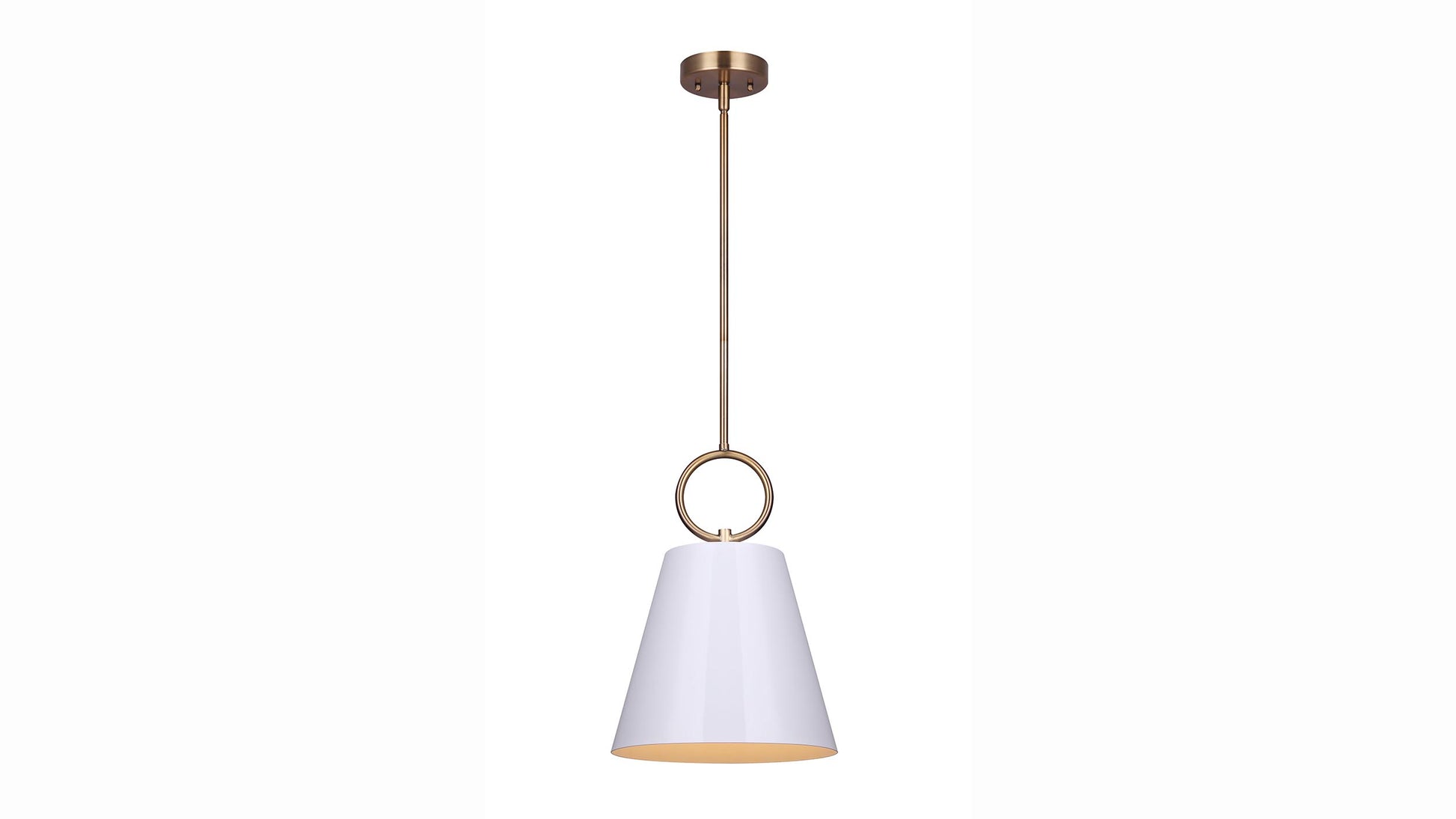 photo of 1 light pendant with white shade and gold interior shade, gold rod with a circle detail above the shade