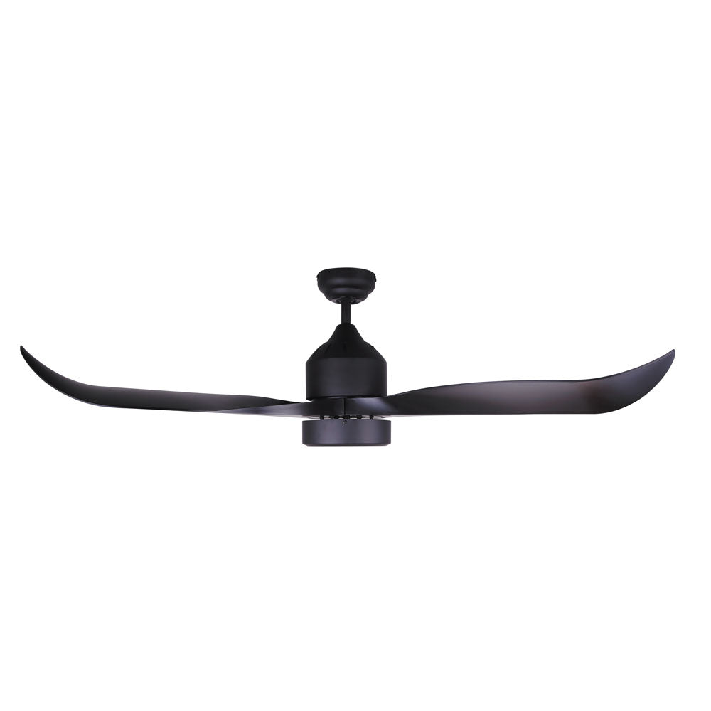 photo of a black 52 inche 3 blade ceiling fan, with a light in the middle. Light is covered with an acrylic lens