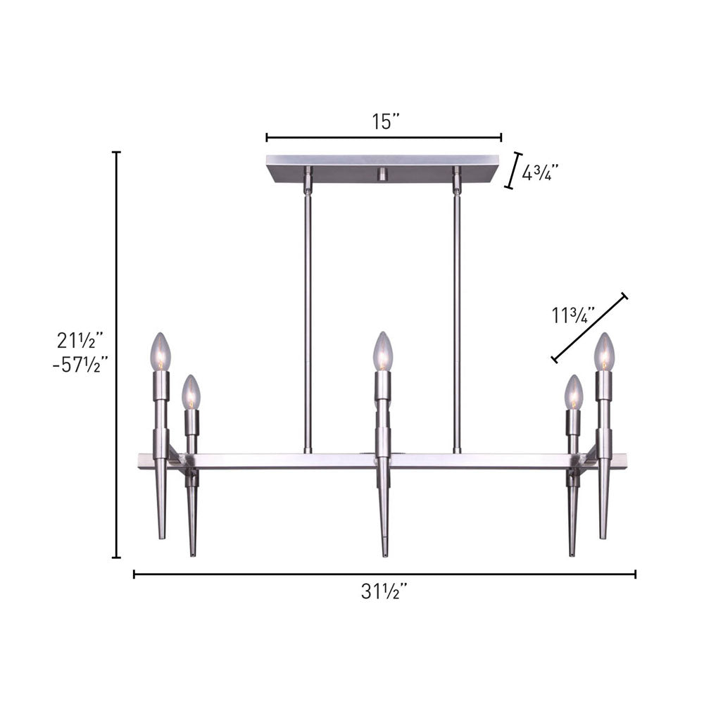 photo of a 6 light in a brushed nickel finish with 6 tapered tear drop glass bulbs showing dimensions 21 1/2 to 57 1/2 inches high, 31 1/2 inches wide. Canopy is 15 inches wide by 4 3/4 inches thick, tapered bulb lights measuring 11 3/4 inches apart