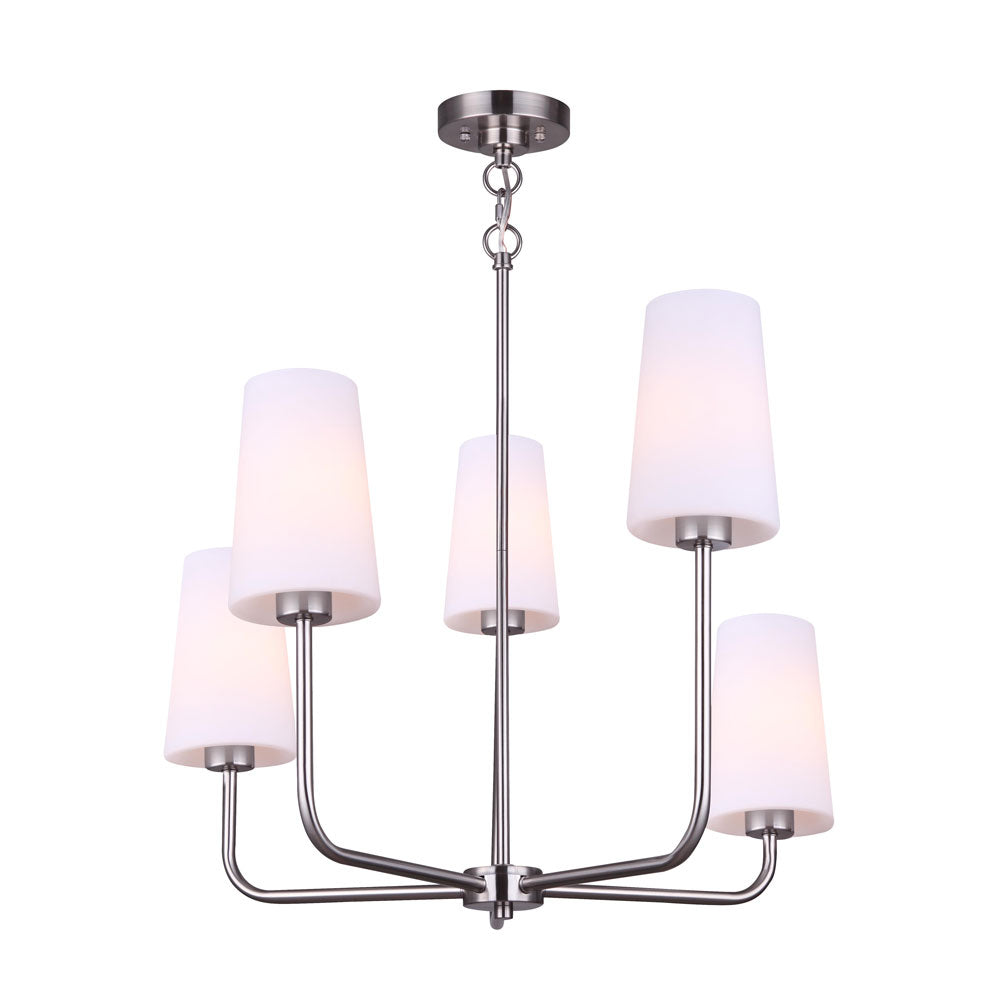 photo of a 5 light pendant in a brushed nickel finish and 5 flat opal glass shades