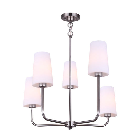 photo of a 5 light pendant in a brushed nickel finish and 5 flat opal glass shades