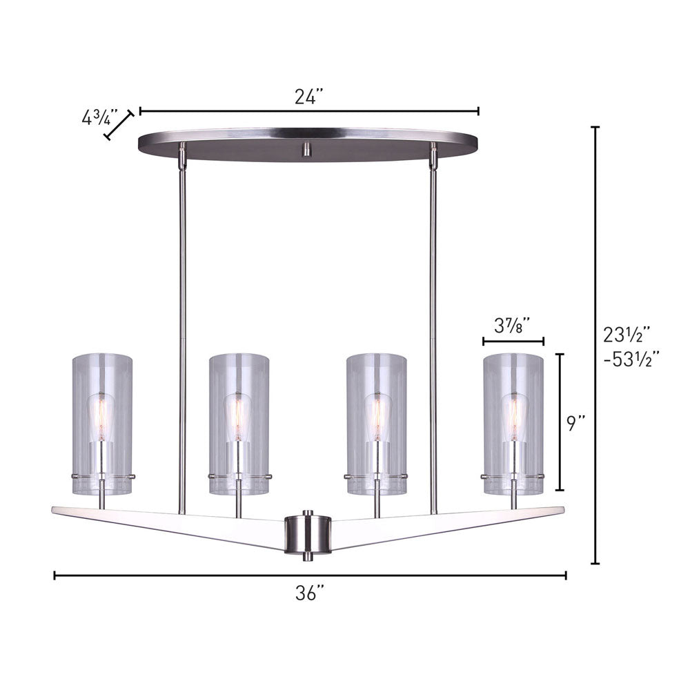 photo of a 4 light chandelier in a brushed nickel finish with 4 clear glass shades. showing dimensions 4 2/3 by 24 inch canopy, 36 inch wide light fixture, 23 and a half to 53 and a half heigh, glass shades with dimensions 3 7/8 inch wide by 9 inch high