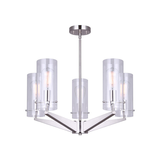 photo of a 5 light chandelier in a brushed nickel finish with 5 clear glass shades