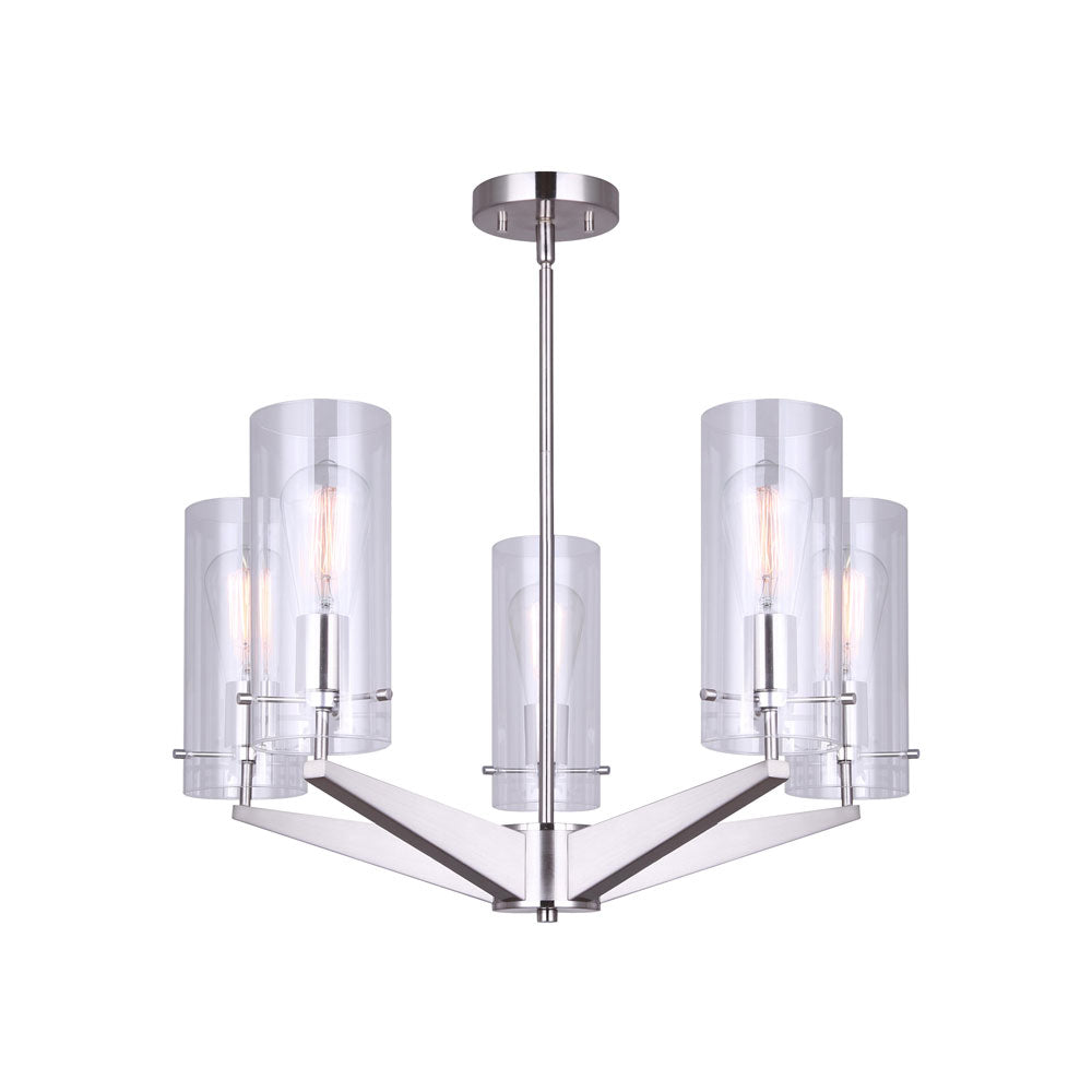 photo of a 5 light chandelier in a brushed nickel finish with 5 clear glass shades