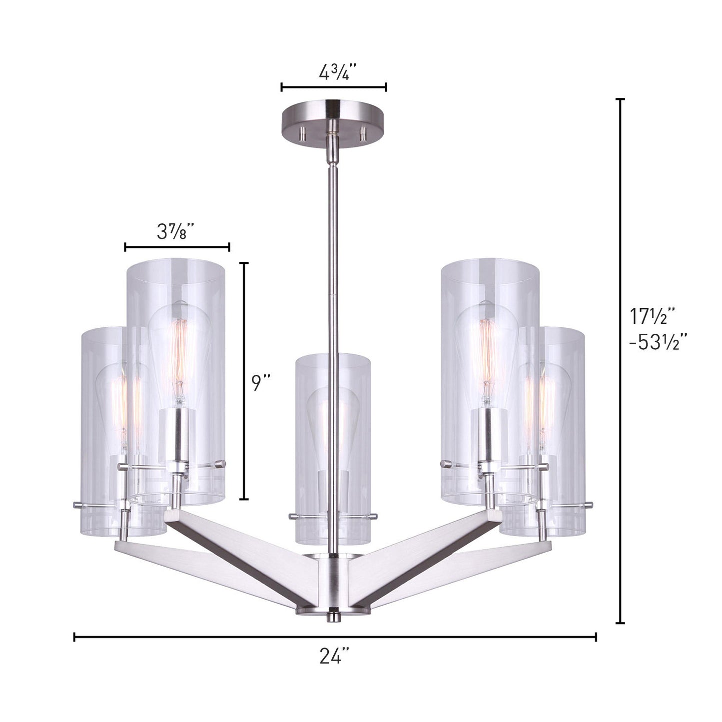 photo of a 4 light chandelier in a brushed nickel finish with 4 clear glass shades. showing dimensions 4 3/4  canopy, 24 inch wide light fixture, 17 and a half to 53 and a half heigh, glass shades with dimensions 3 7/8 inch wide by 9 inch high