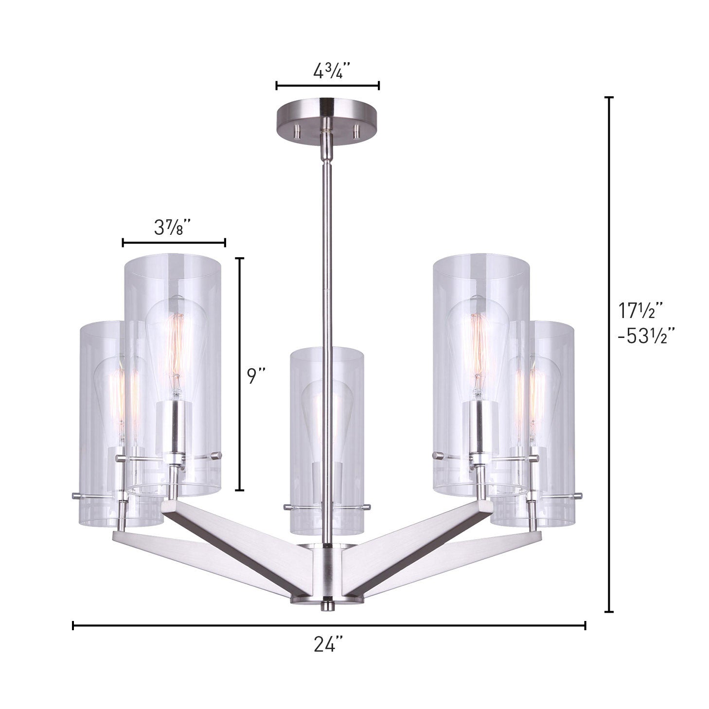 photo of a 4 light chandelier in a brushed nickel finish with 4 clear glass shades. showing dimensions 4 3/4  canopy, 24 inch wide light fixture, 17 and a half to 53 and a half heigh, glass shades with dimensions 3 7/8 inch wide by 9 inch high