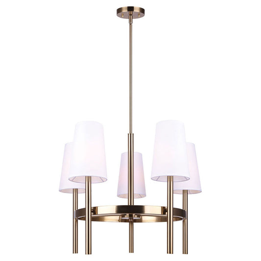 photo of 5 light chandelier in gold finish with 5 white fabric tappered shades