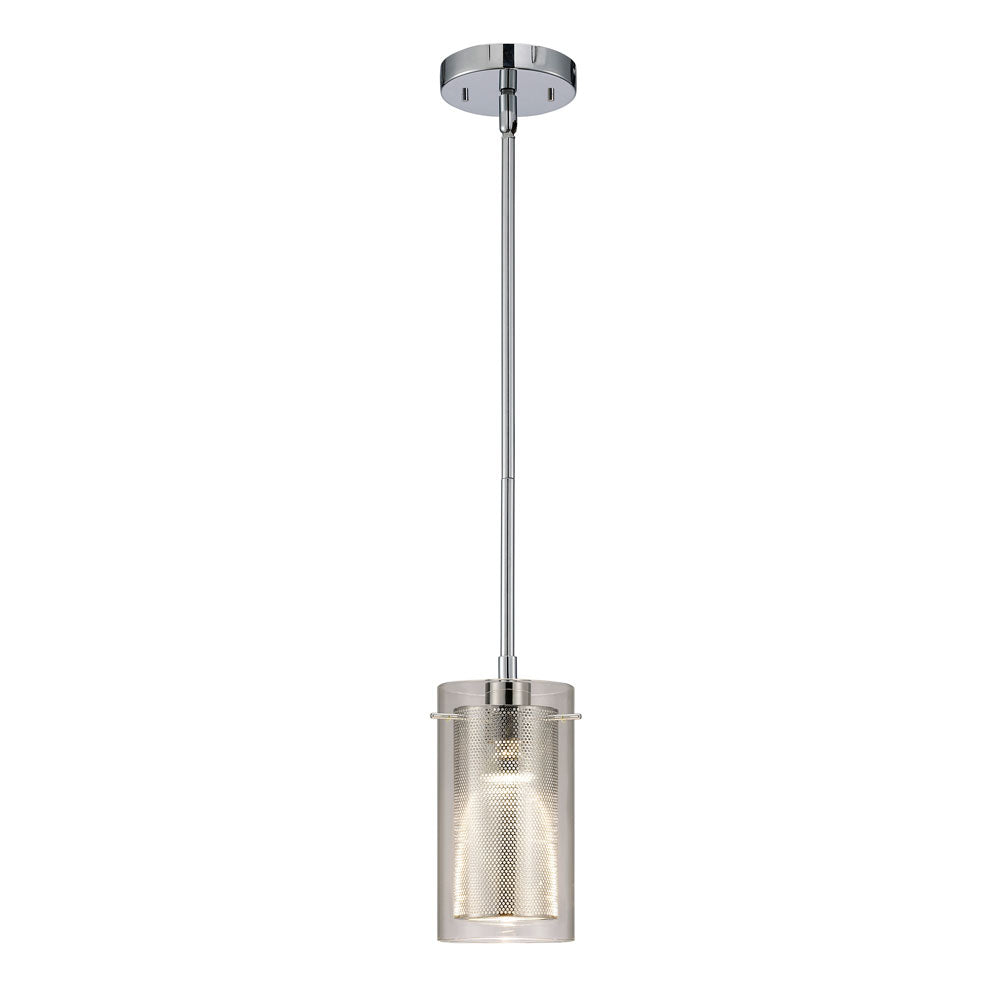 single photo of a 1 light pendant with a chrome finish, and clear glass shade
