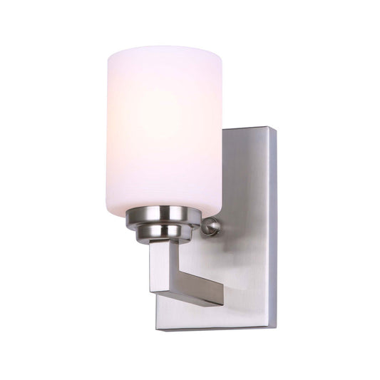 photo on an angel of a 1 light vanity in brushed nickel with flat opal glass shade
